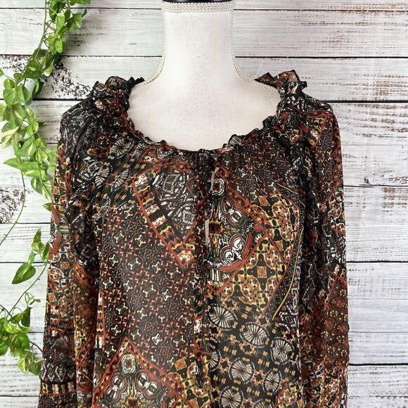 Miss Me Blouse Tunic size Small Black Brown Retro Sheer Ruffles Boho Peasant - Picture 3 of 13